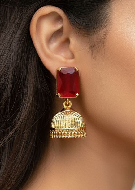 Radiant Red Stone Gold-Plated Jhumka Earrings
