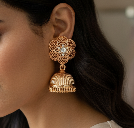 Blooming Grace: Gold-Plated Flowery Jhumka Earrings