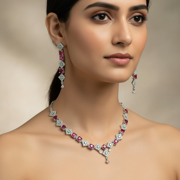 Pink Prism: Geometric AD Necklace Set with Pink Stone