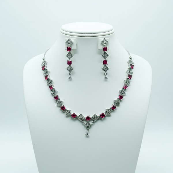 Pink Prism: Geometric AD Necklace Set with Pink Stone