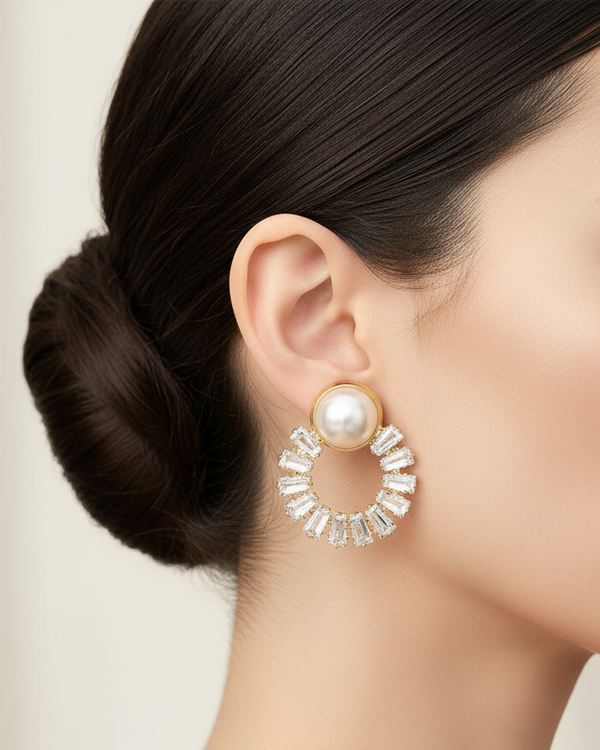 Golden Elegance: Pearl Zircon Drop Earrings