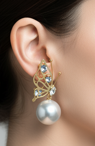 Butterfly Whimsy: Pearl Golden Jhumka Earrings