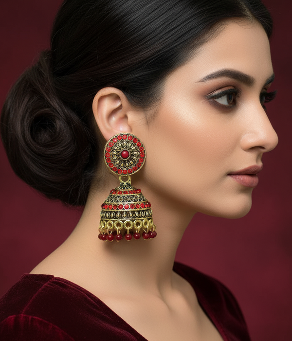 Ruby Radiance: Indian Red Jhumka Earrings