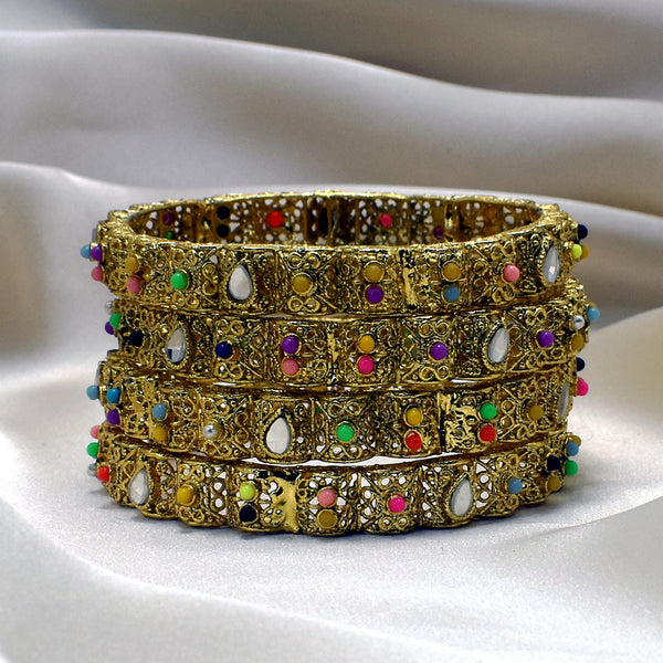 Opulent Foliage: Set of 4 Gold-Plated Bangles with Multicolor Leafy Stones