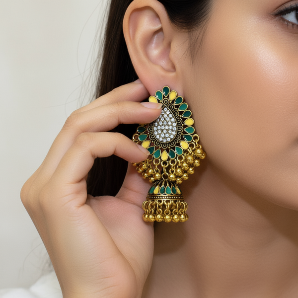 Heartfelt Radiance: Crystal Heart Green and Yellow Jhumka Earrings