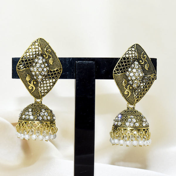 Geometric Elegance: Oxidized Indian Golden Jhumka Earrings with White Stones