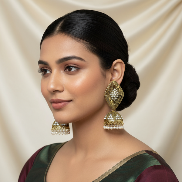 Geometric Elegance: Oxidized Indian Golden Jhumka Earrings with White Stones