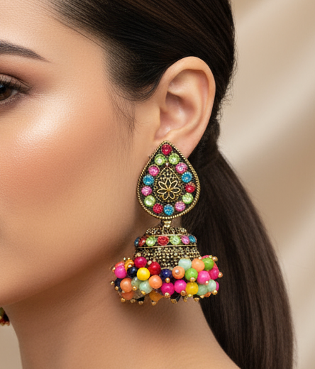 Leafy Radiance: Vintage Golden Multicolor Indian Jhumka Earrings