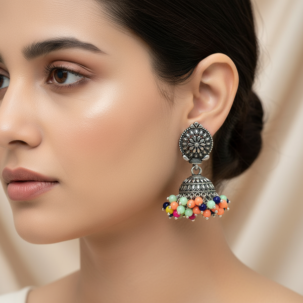 Vintage Charm: Silver Jhumka Earrings with Multicolored Beads