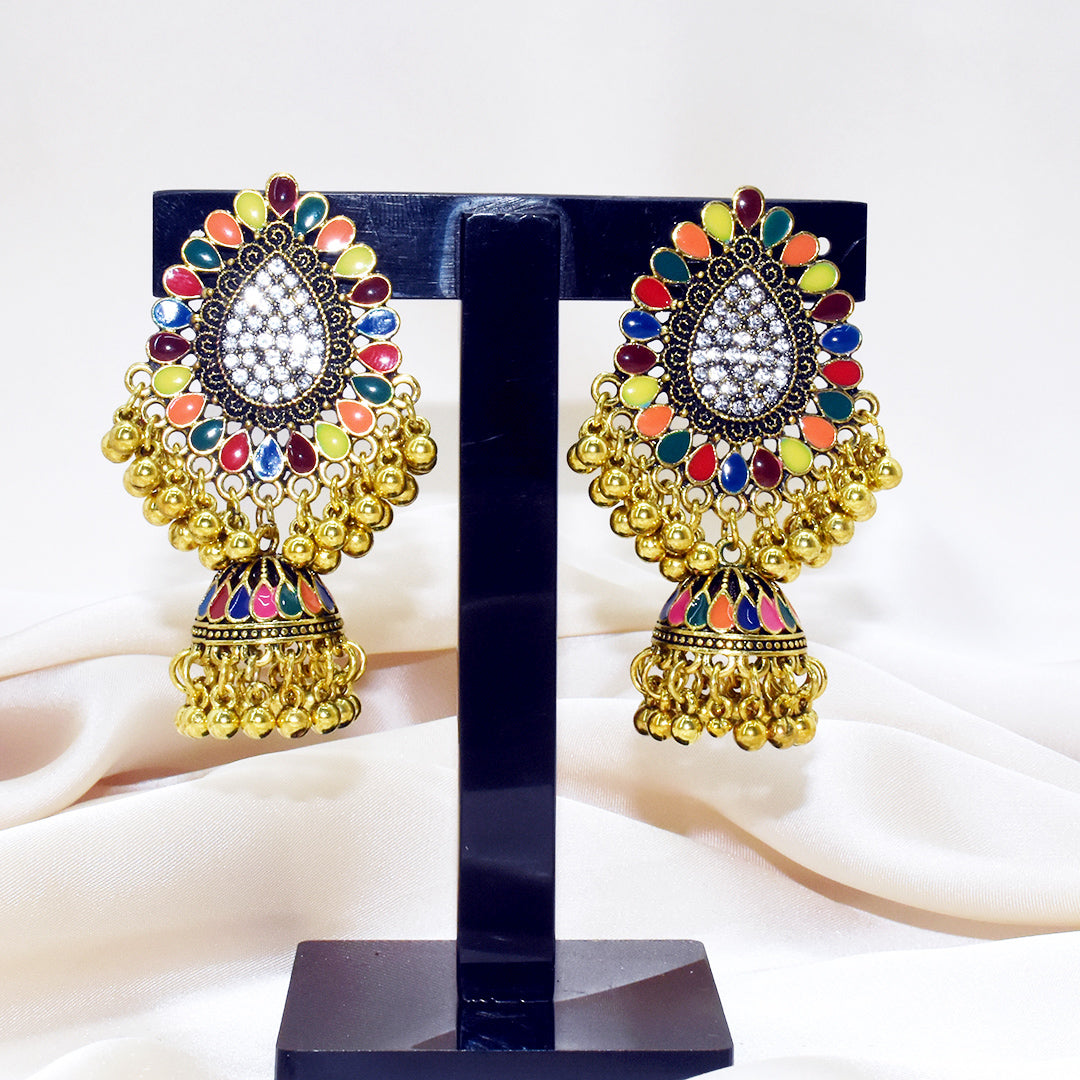 Gold Finish Red Crystal Jhumka Earrings Design by Bijoux By Priya Chandna  at Pernia's Pop Up Shop 2024