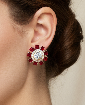 Crimson Blossom:  Stone Flower Stud Earrings