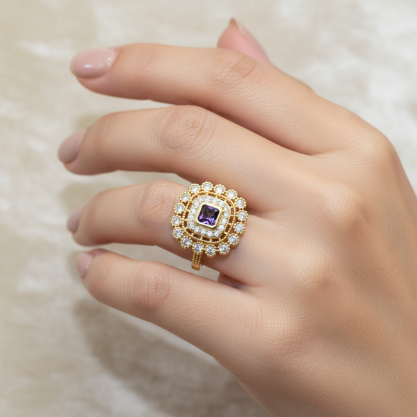Regal Radiance: Gold-Plated Ring with White and Purple Stones