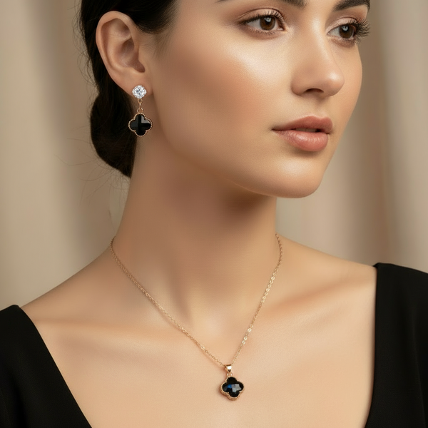 Midnight Charm: Black Four-Leaf Clover Necklace Set