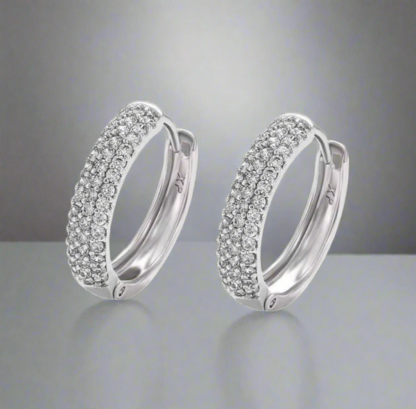 Zircon Stone Triple Line Silver Hoop Earrings