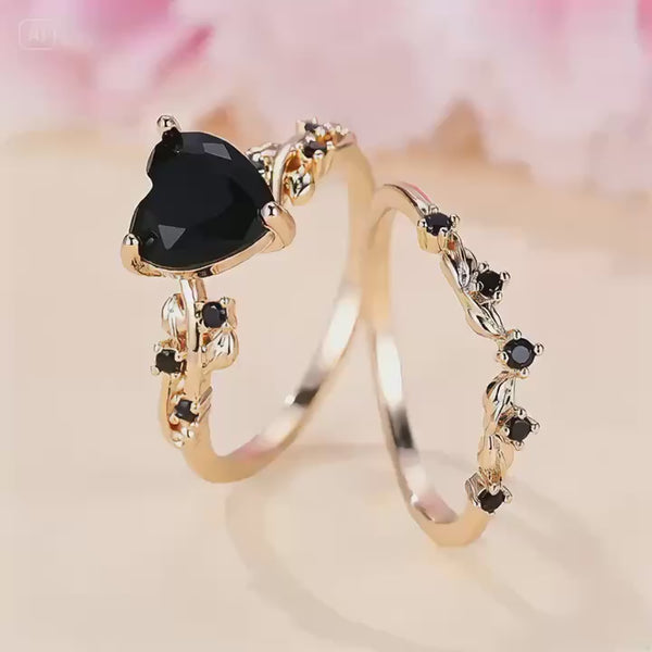Women's Black Golden Double Rings | Heart-Shaped Vine Accents