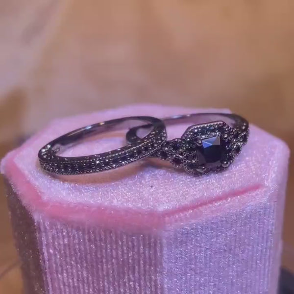 Vintage Crystal Zircon black Stone Couple Ring set