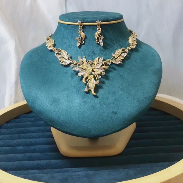 3pcs Golden Tree Leaf Shaped Glass Earrings & Necklace Set