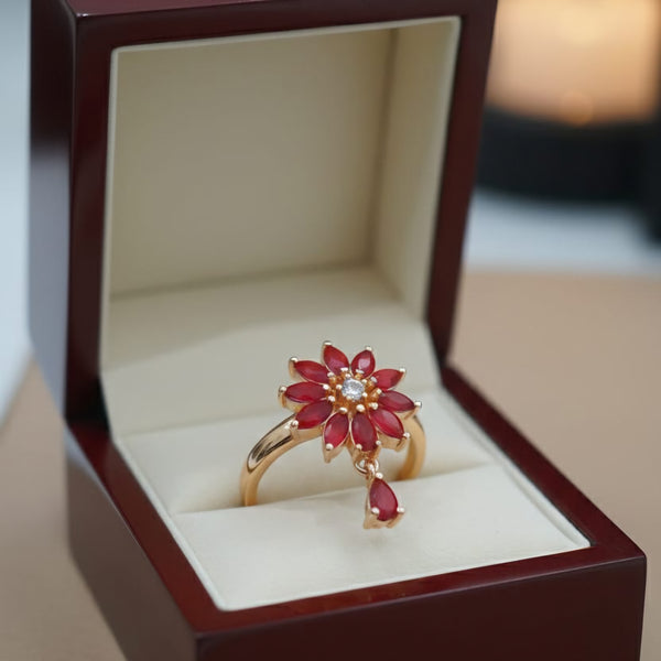 Luxurious Gold-Plated Ruby-Red Flower Dangle Ring