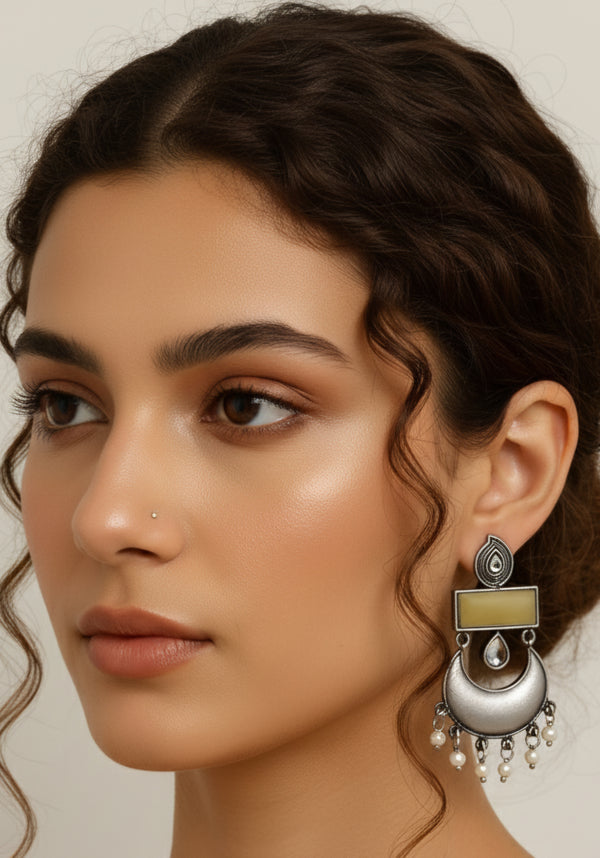 Ethnic Splendor: Oxidized Yellow Stone Crescent Earrings with White Pearl