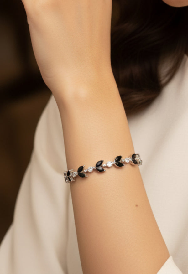 Silver-Toned Black Stone Leaf Bracelet