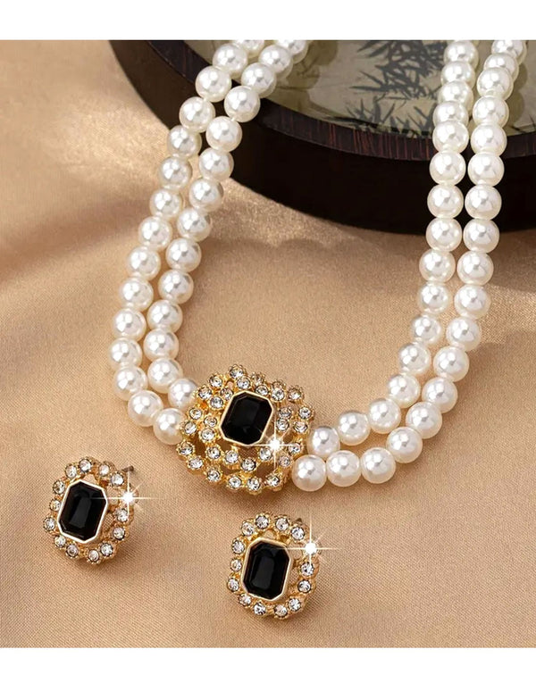 Elegant Pearl Effect: Black Choker Necklace & Stud Earrings Set