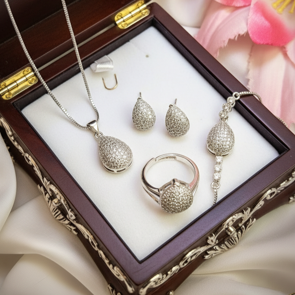 Cubic Zirconia Silver Teardrop Full Necklace Set