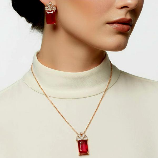 Regal Radiance: Gold-Plated Necklace Set with Cushion Cut Red Stone