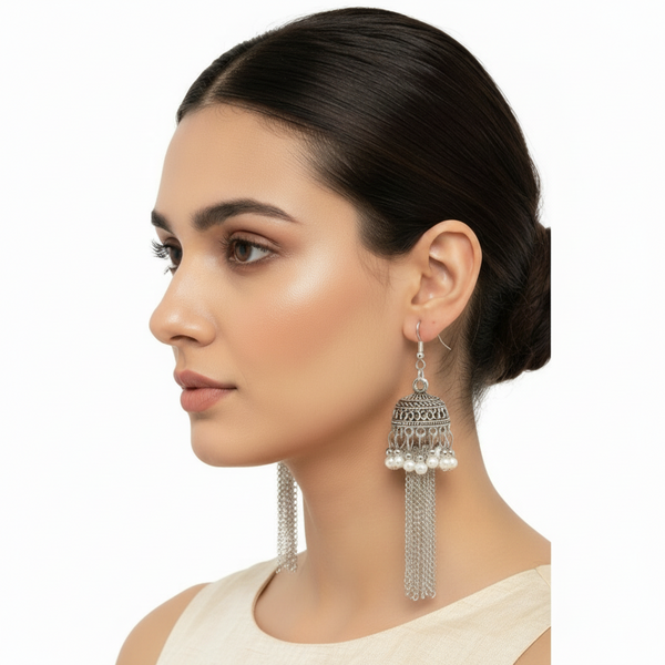 Jhumka antique silver color long tassel earrings