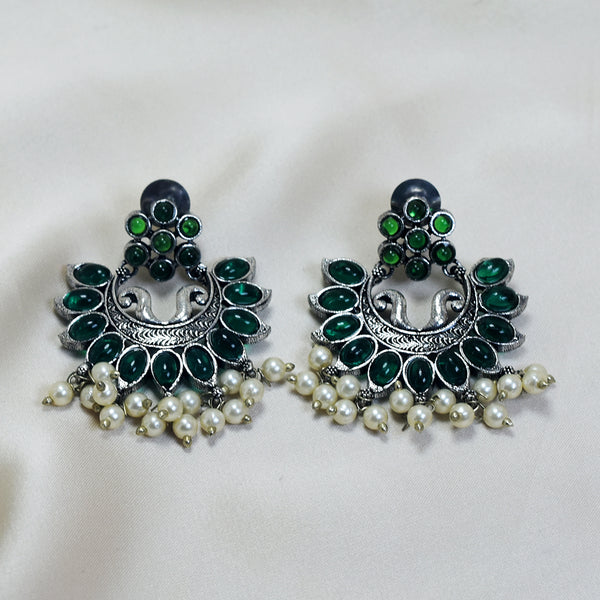 Elegance: White Beads Oxidized Green Stones Earrings