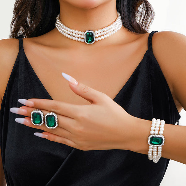 3Pcs Multilayer Imitation Pearl Crystal Chain Choker Necklace Bracelet Women Stud Earrings