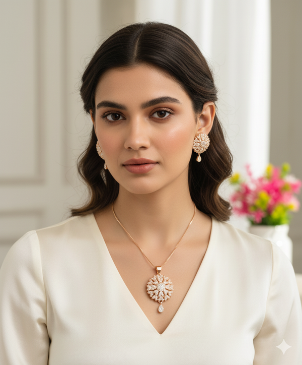 Sparkling Floral Cubic Zirconia Golden Necklace and Earring Set