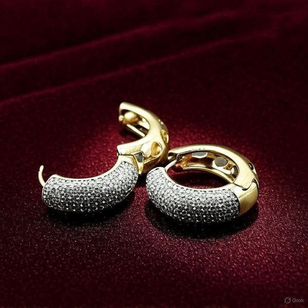 Xuping Circle Geometric Huggie Earrings with Pavé Cubic Zirconia - Gold Tone
