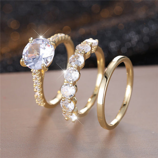 3 pc Sparkling Cubic Zirconia, 4-Prong Setting, Luxurious Golden & White Golden