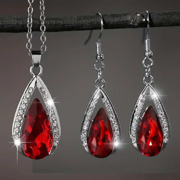 Elegant Teardrop Red Stone Necklace Set