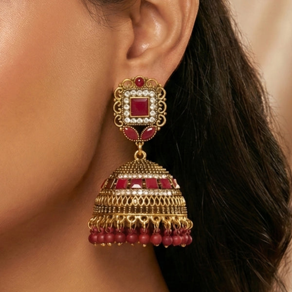 Antique Gold-Plated Jhumka Earrings with Maroon Stone & Bead Accents
