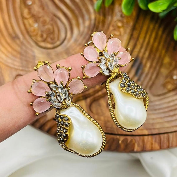 Royal Floral Pink CZ and Baroque Pearl Drop Earrings