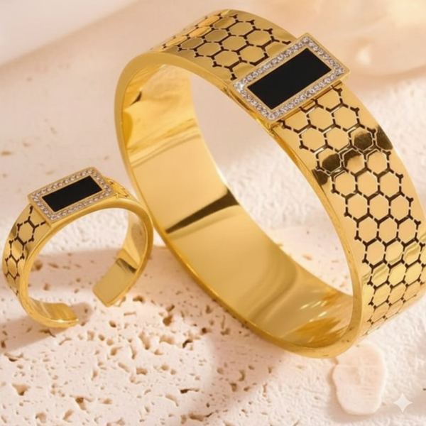 Luxury Gold-Plated Beehive Pattern Bracelet and Ring Set