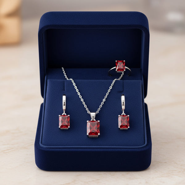 Red Zirconia Combo Silver Necklace Set