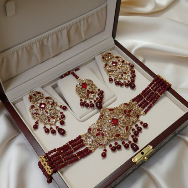 Stunning Ruby Red Bridal Necklace, Maang Tikka & Earrings Set – Gold Plated