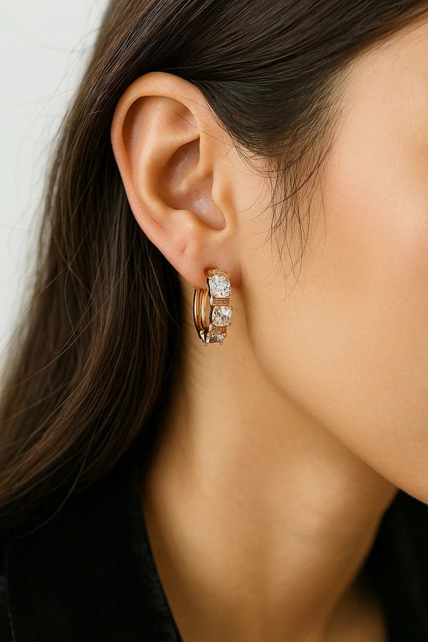 Xuping Square Cut Hoop Earrings with Cubic Zirconia - Gold Tone
