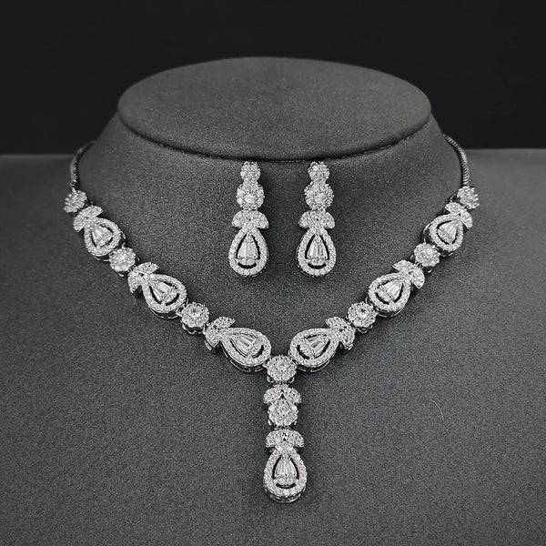 Swarovski Crystal Silver Blossom Dainty Necklace Set , Bridal Jewelry, Bridal Earrings And Necklace, Statement Earrings Cz, Necklace Set