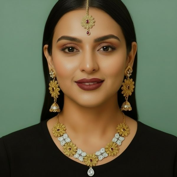 Luxury Gold-Plated Floral Bridal Set with Red Stones & White CZ