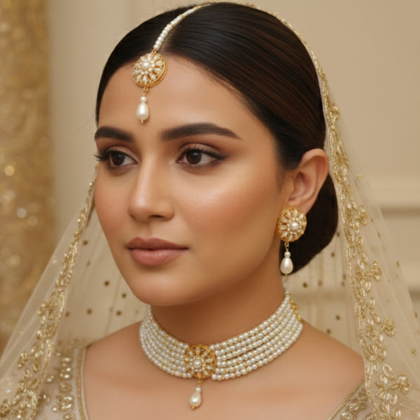 White Beaded Choker Necklace, Earrings, and Maang Tikka Set