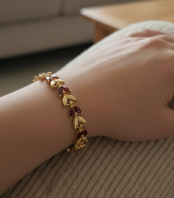 Gold-Toned Red Stone Leaf Bracelet