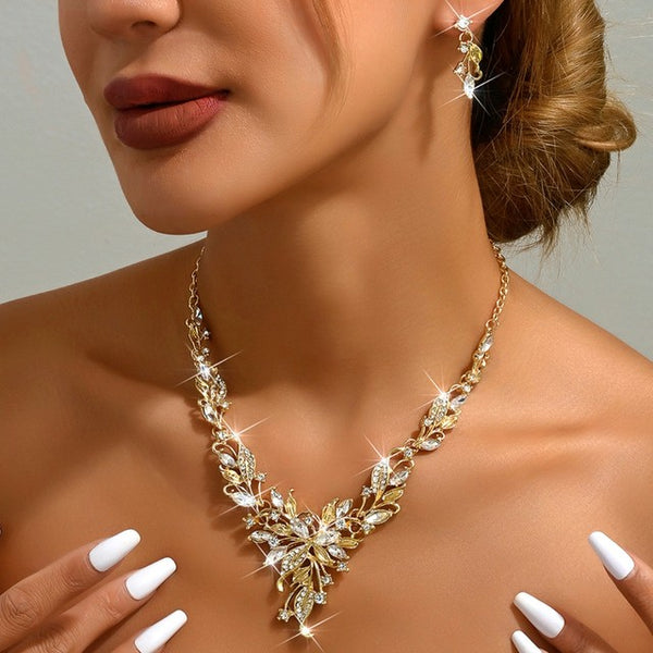 3pcs Golden Tree Leaf Shaped Glass Earrings & Necklace Set
