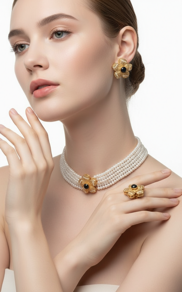 24K Gold Plated Floral Choker and Stud Earrings Set