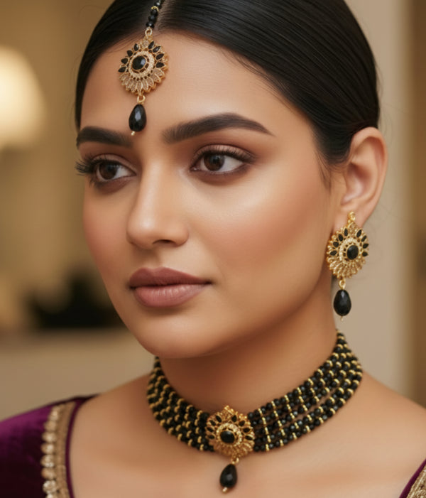 Black Beaded Choker Necklace, Earrings, and Maang Tikka Set