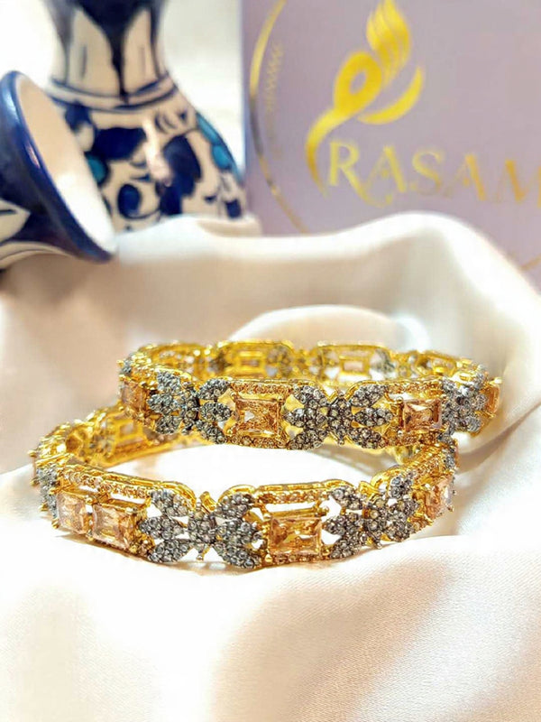 Exquisite Gold-Plated Champagne Stone and Diamond-Cut Bangle Pair