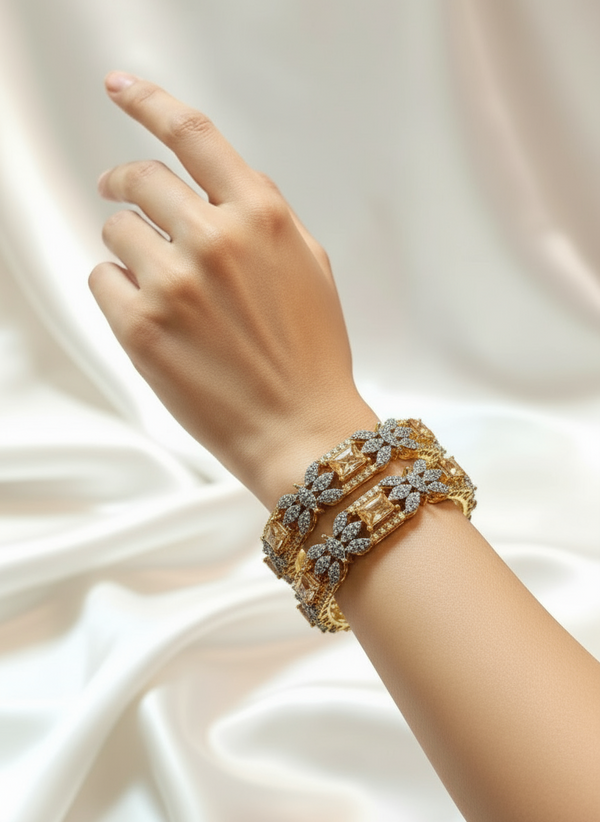 Exquisite Gold-Plated Champagne Stone and Diamond-Cut Bangle Pair