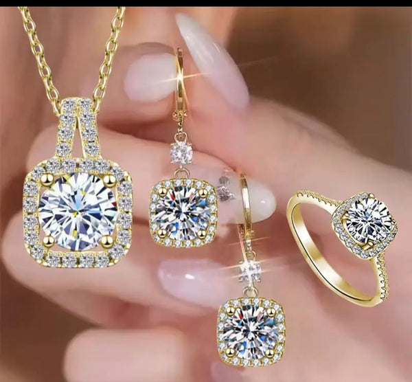 Luxury Square Crystal Golden Pendant,Ring,Earing set